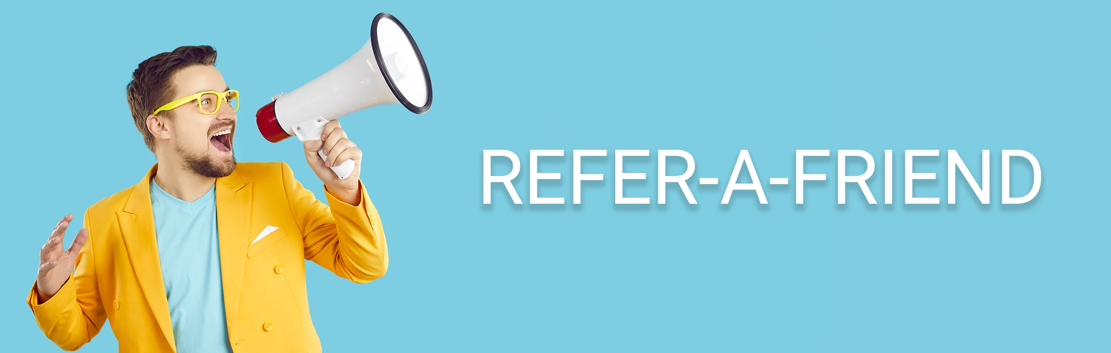 refer-a-friend A cheerful man in a bright jacket using a megaphone for Vancubers’ Refer-a-Friend virtual office and coworking promotion.