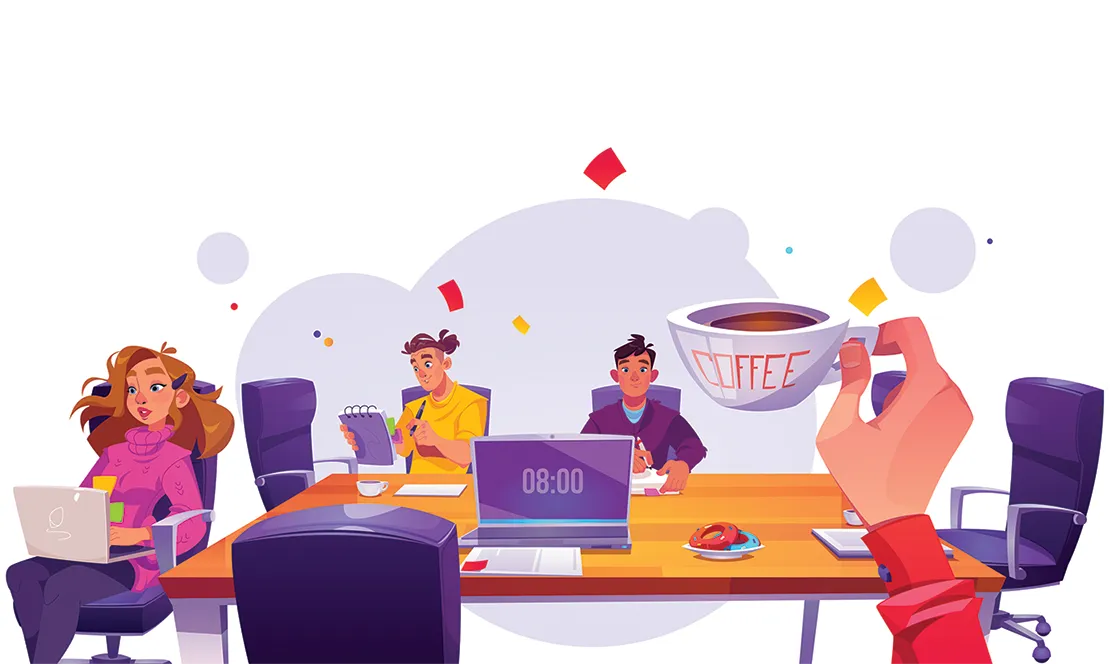 Illustration of a diverse business team in a modern Vancouver meeting room with charts and laptops, symbolizing collaboration and productivity.