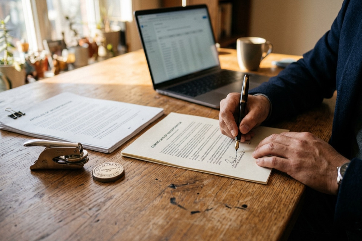 signing bc incorporation documents with the records book and corporate seal nearby