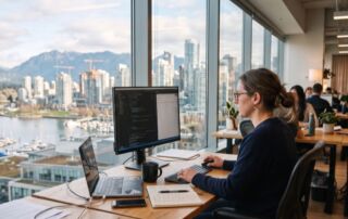 coworking space vancouver: real 2026 prices, no runaround 1 founder working at a window desk with a 27-inch monitor at a coworking space vancouver, downtown skyline and north shore mountains outside