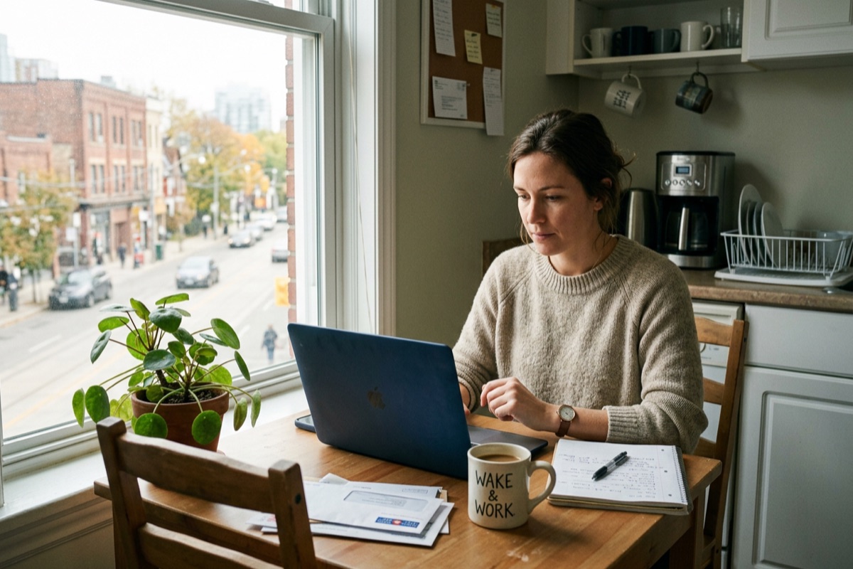 home-based sole proprietor reviewing the different business address fields required in canada at a kitchen table