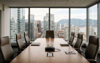 booking a meeting room in downtown vancouver: what it actually costs 4 meeting room downtown vancouver: long wood boardroom table, wall screen and floor-to-ceiling views of the city and mountains