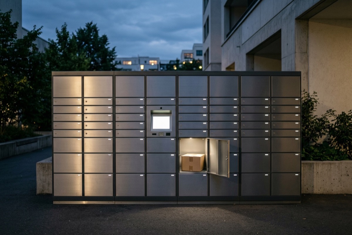 the future of residential mail delivery in canada: 6 shifts already underway 3 modern parcel locker wall with one open compartment at dusk