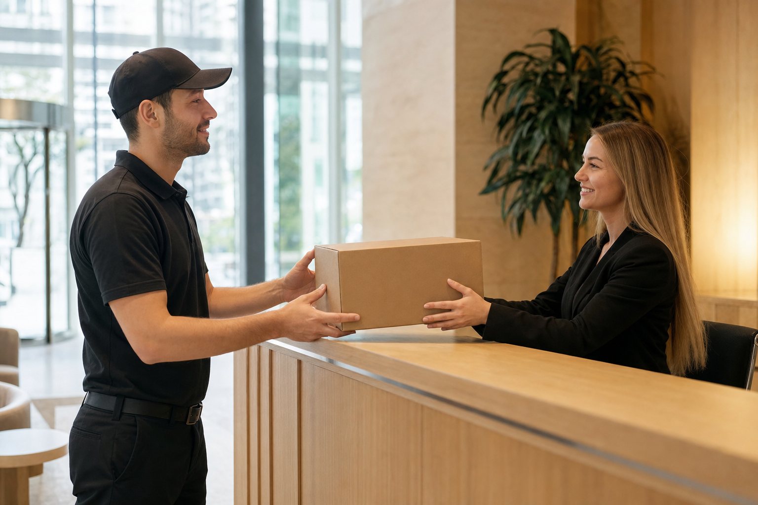 pobox-sec-courier courier delivering a parcel to a vancouver street address reception desk