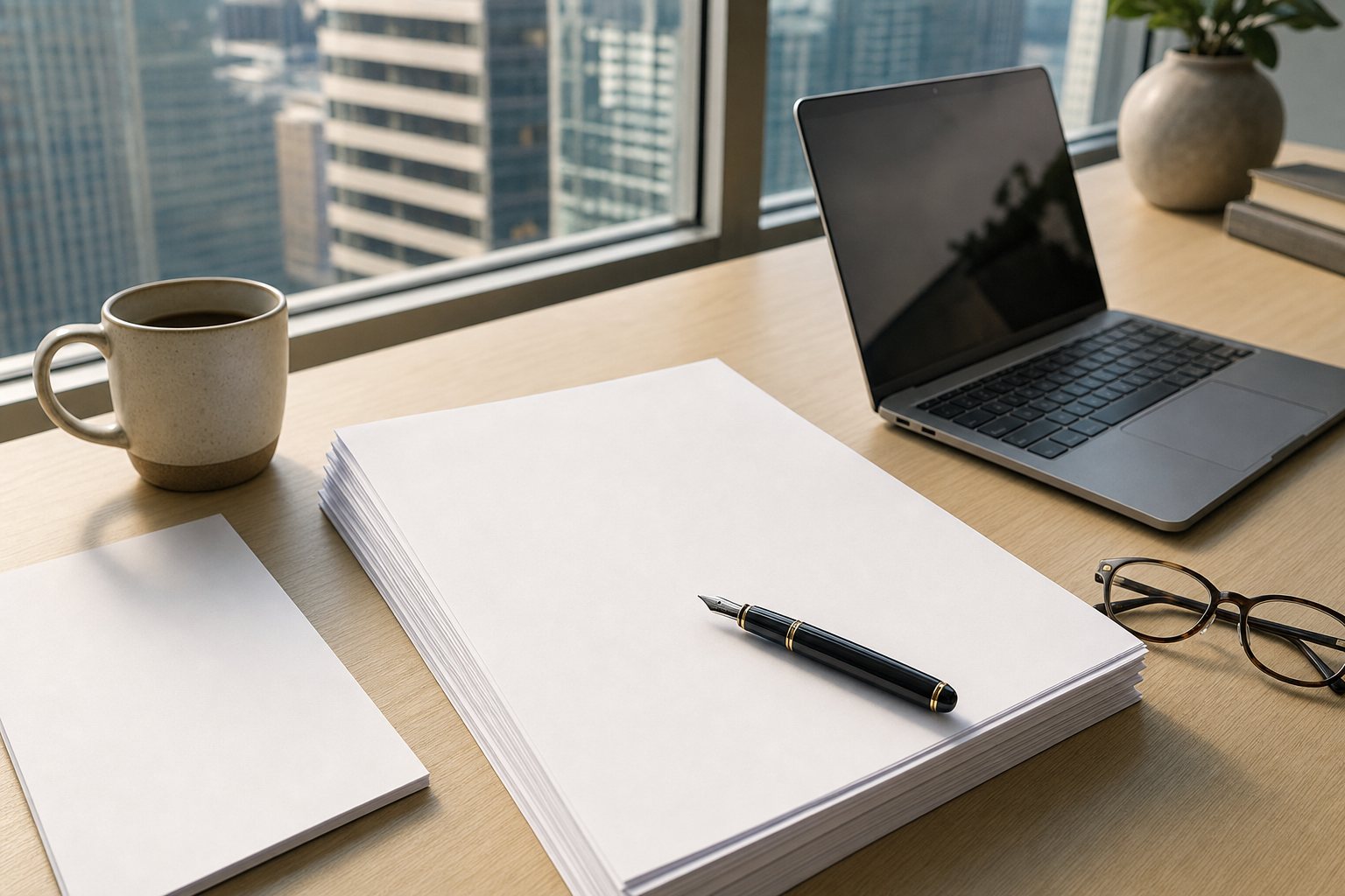 pobox-sec-filing bc incorporation paperwork on a desk overlooking downtown vancouver