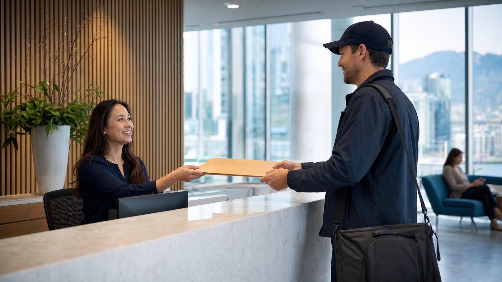 regoffice-front-desk front desk staff signing for legal documents at a registered office in vancouver