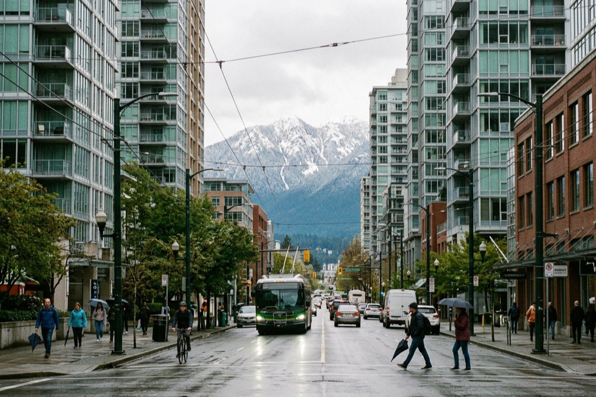 coworking space vancouver: real 2026 prices, no runaround 2 downtown vancouver bc street with the north shore mountains at the end of the block — the view that says british columbia, not washington