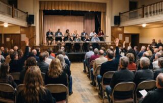 bc election 2026: 15 clear questions to ask candidates about small business 3 all-candidates meeting in a community hall, where questions to ask candidates get answered