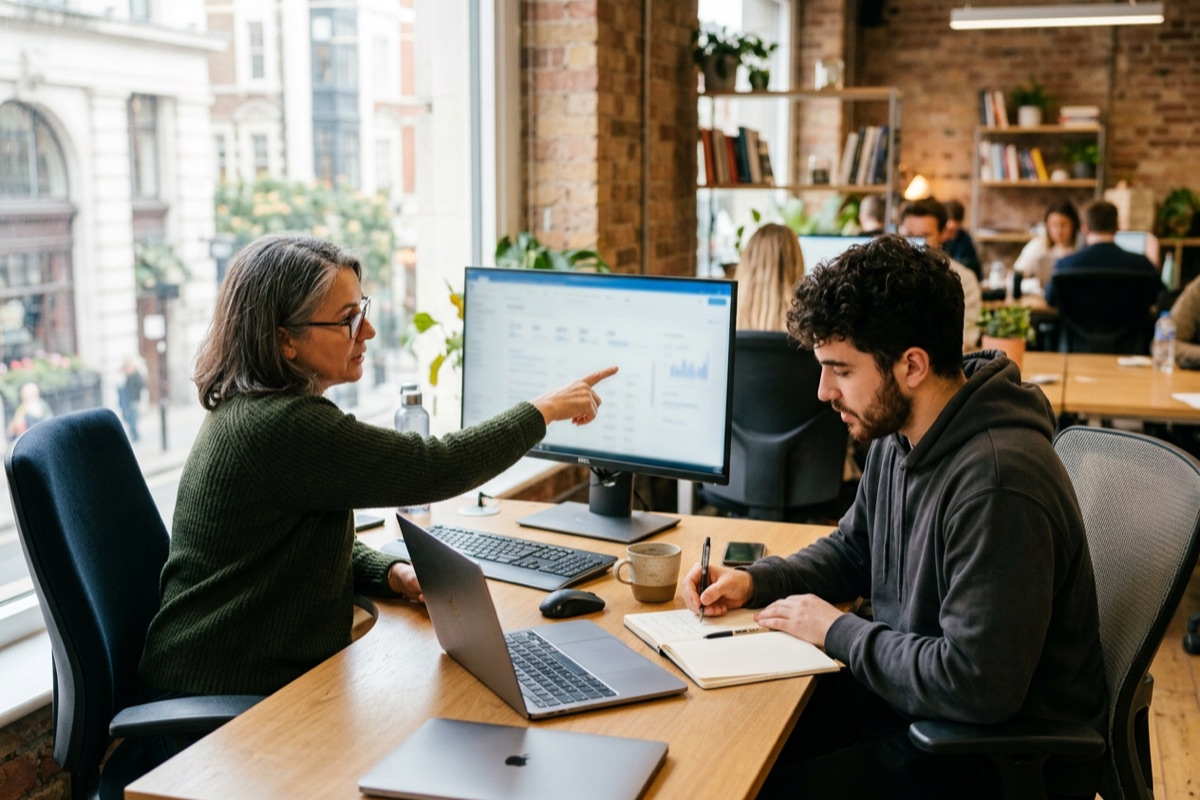benefits of coworking: 5 proven reasons backed by research 3 benefits of coworking: a senior colleague giving feedback to a junior at a shared desk