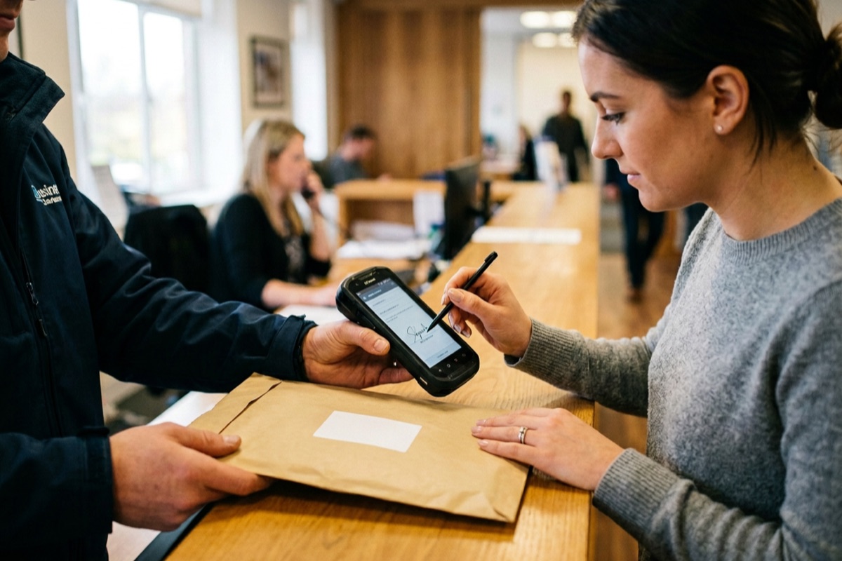 why business mail still matters in 2026: 5 proven reasons 2 business mail proof of delivery: signing for a registered envelope at an office reception counter
