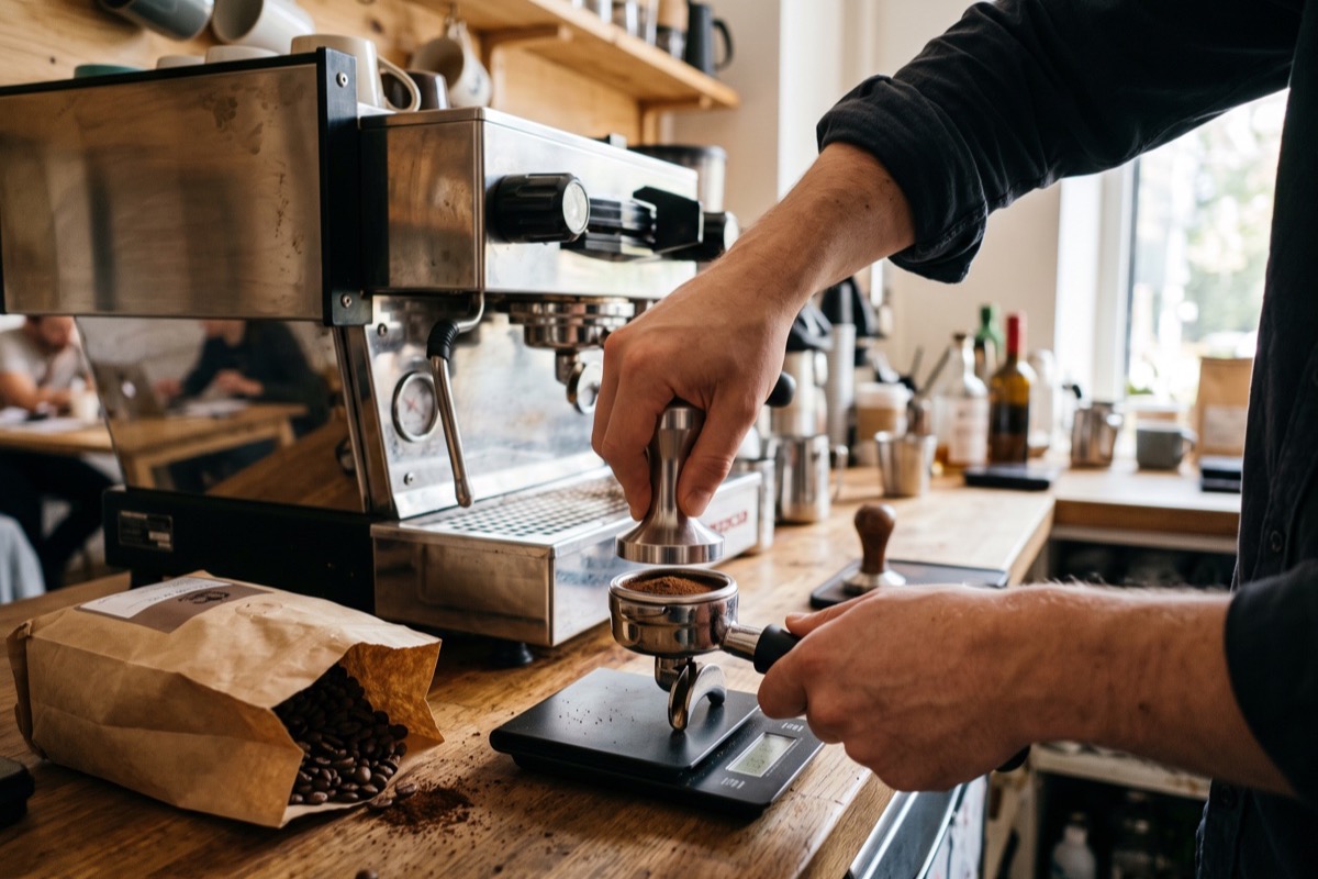 office coffee: 3 years, 2 machines and 1 clear lesson about taste 2 tamping ground coffee into a portafilter at the office coffee espresso machine
