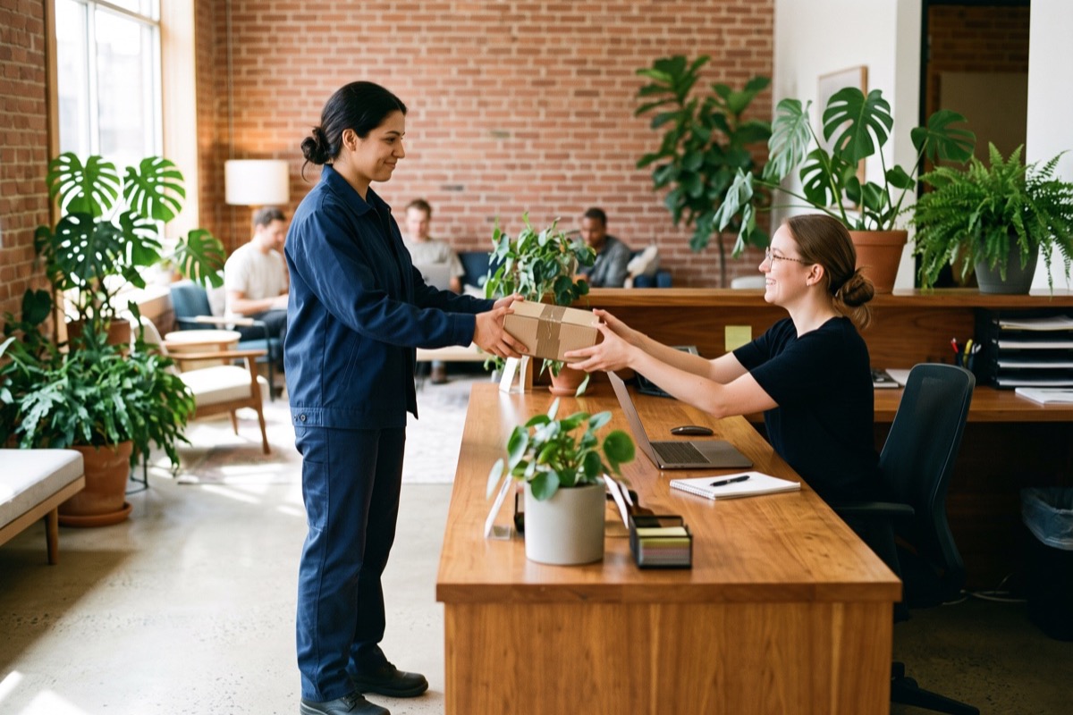 virtual office address format: 4 clear rules so your mail never misses 3 courier handing a small package across a front desk, part of the virtual office address format for deliveries