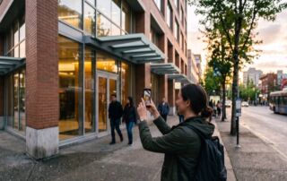 virtual office for google business profile: 5 clear rules before you verify 7 business owner recording a google business profile verification video outside a downtown vancouver office building