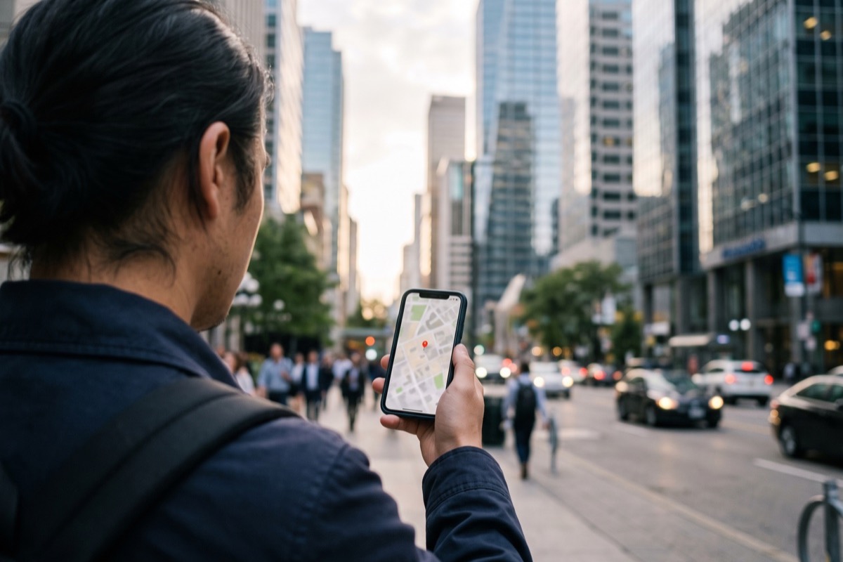 virtual office for google business profile: 5 clear rules before you verify 2 person checking a map pin for a virtual office google business profile listing on a downtown street